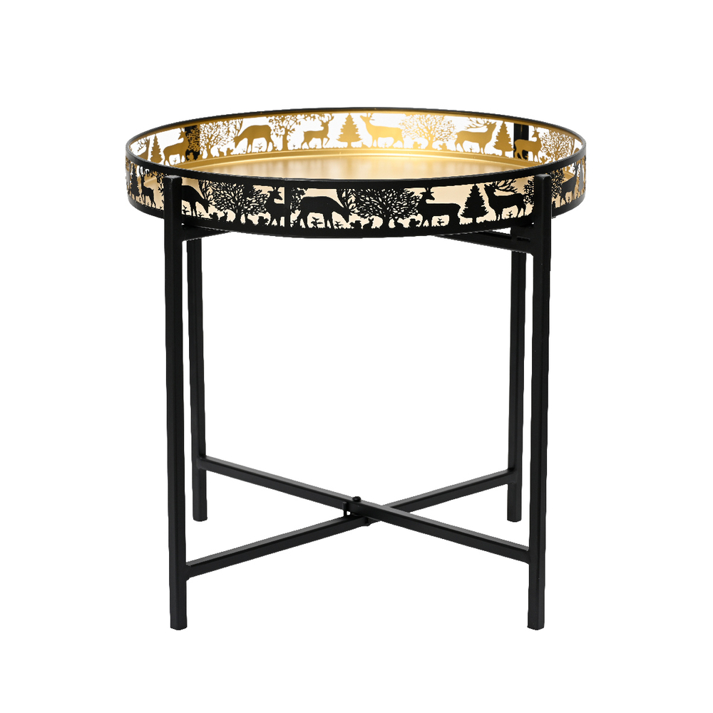 Table avec plateau rond aux bords ajourés or et noir D46cm