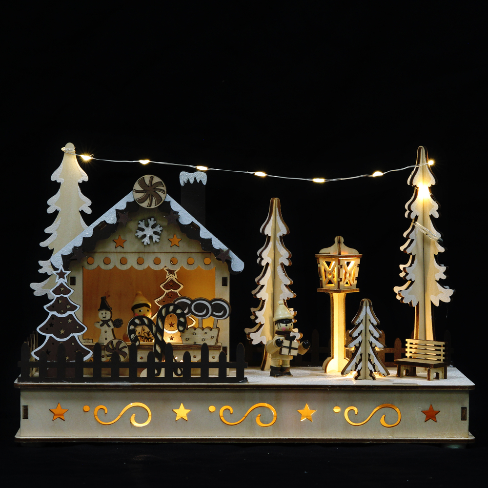Décor LED de Noël : chalet bonbons en bois, à piles - L.28xH.18cm