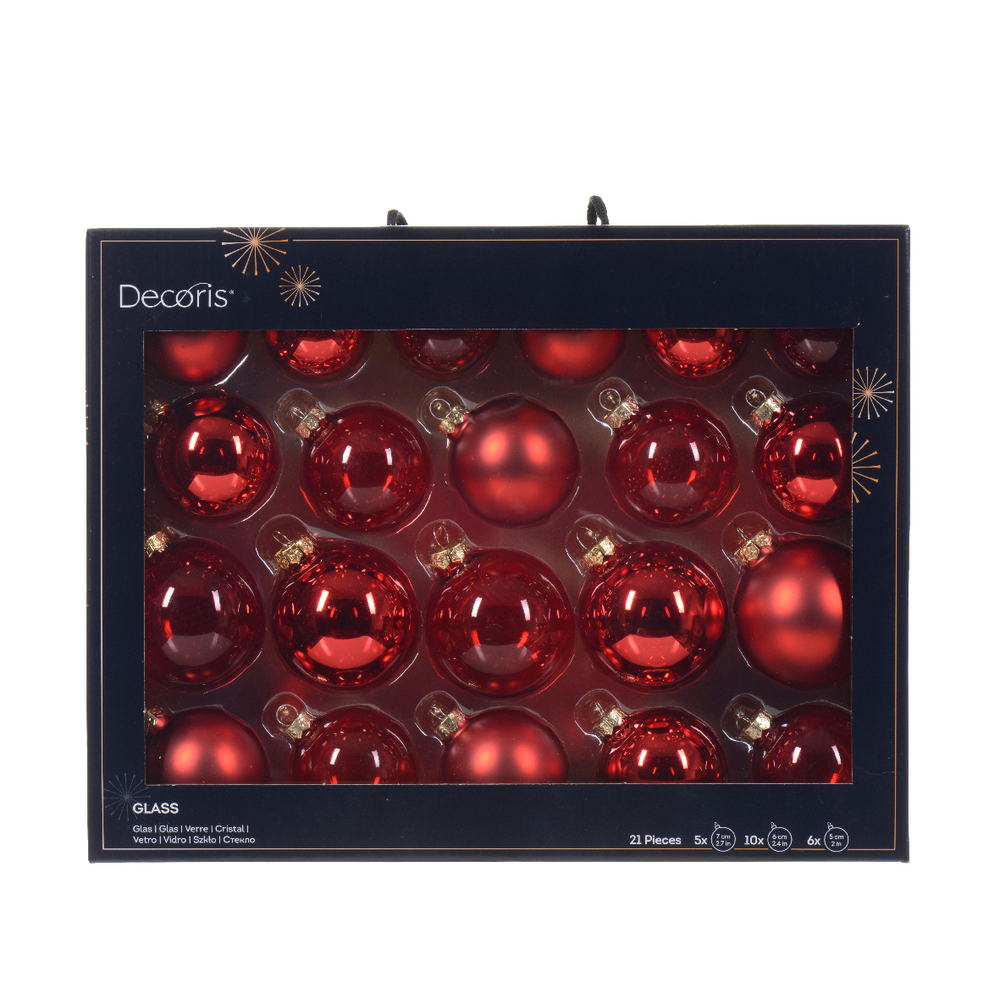 Assortiment 21 boules de Noël en verre, coloris rouge - D.7cm