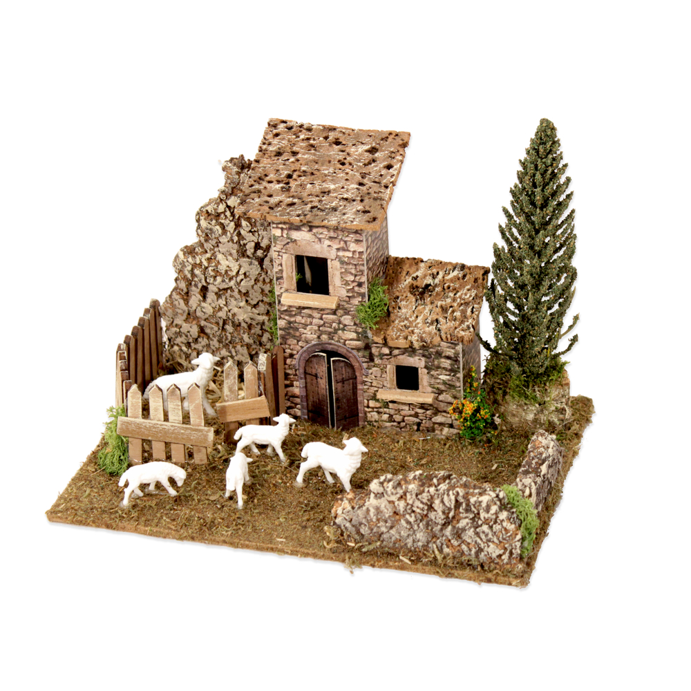 Décor village provençal : maison de campagne avec brebis cypres