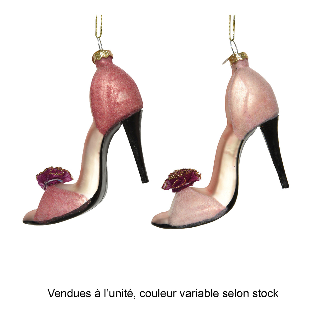 Suspension de Noël en verre : talon à aiguilles, coloris rose - H.9cm