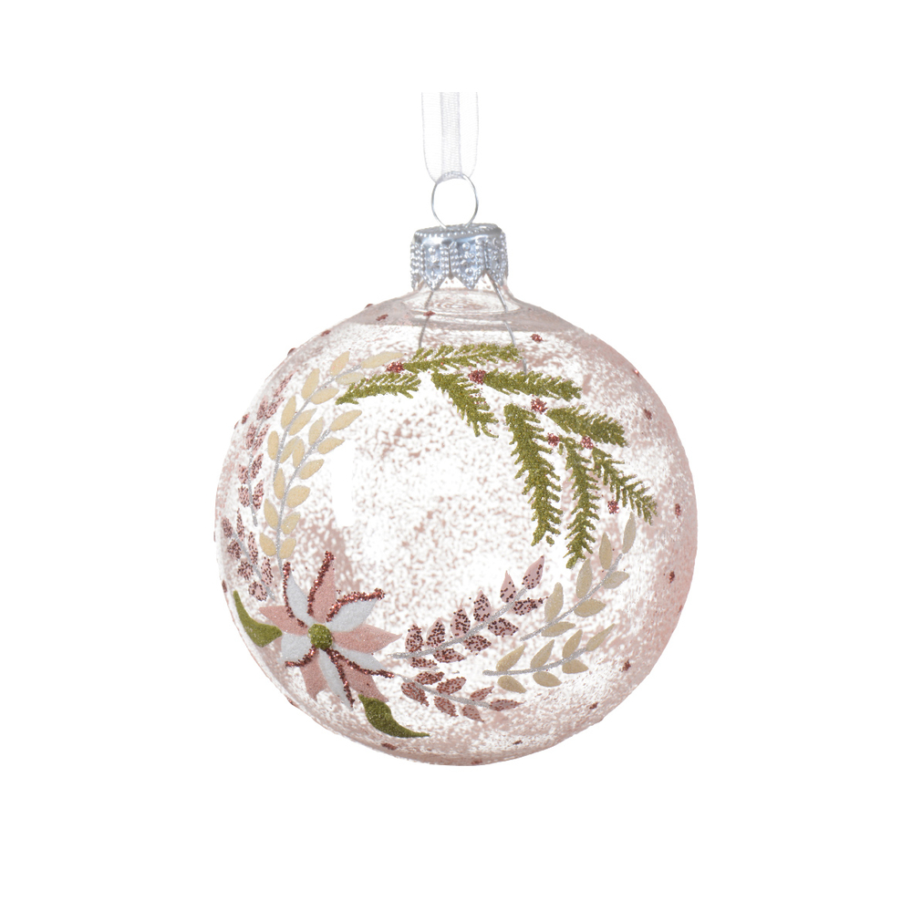Boule de Noël en verre : couronne avec fleurs - D.8cm