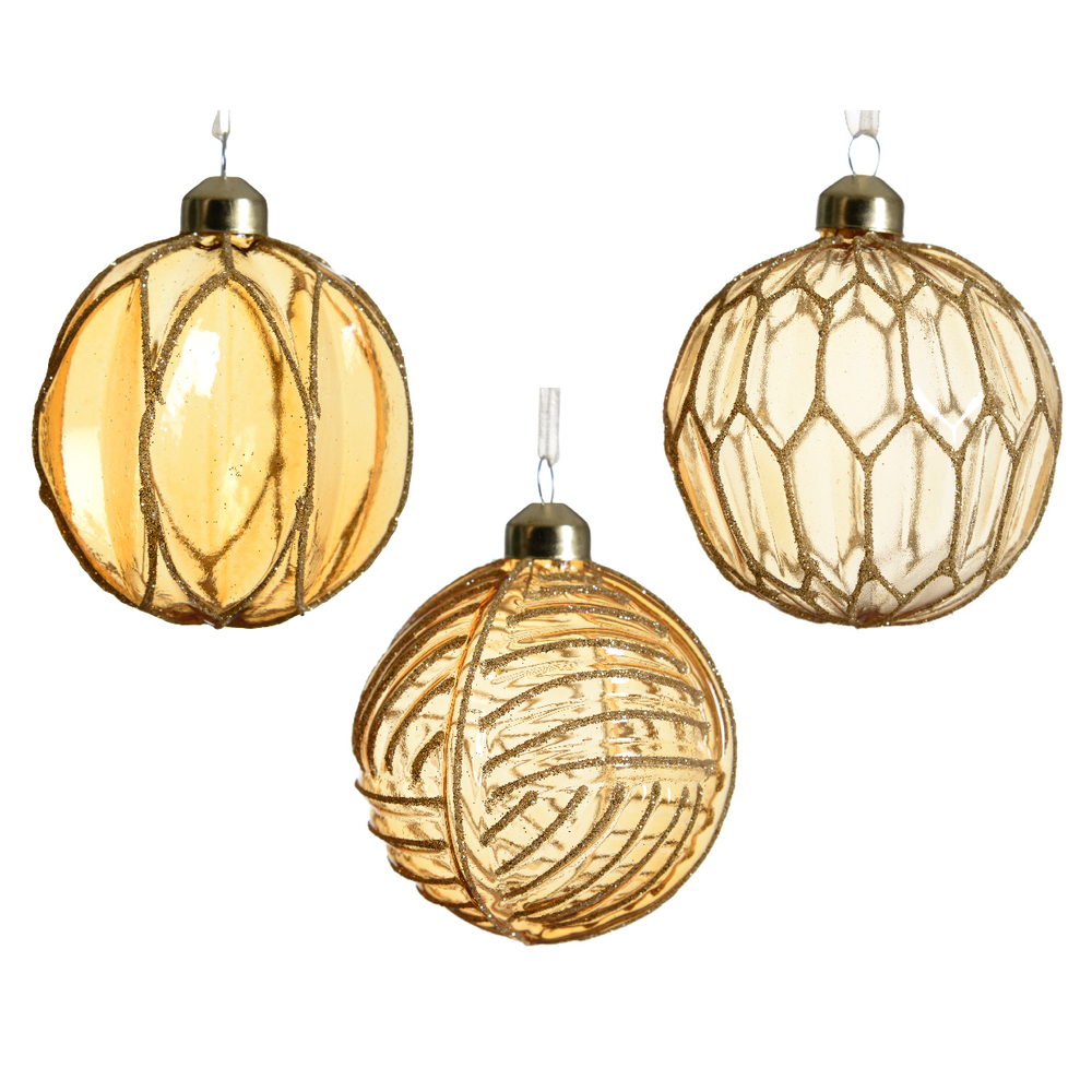 Boule verre a/lignes paillettes or D 8 cm