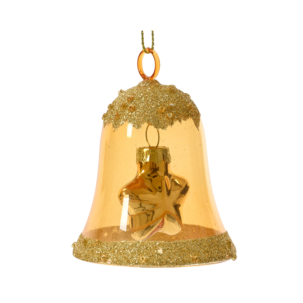Suspension de Noël en verre : cloche pailletée avec perles, coloris or