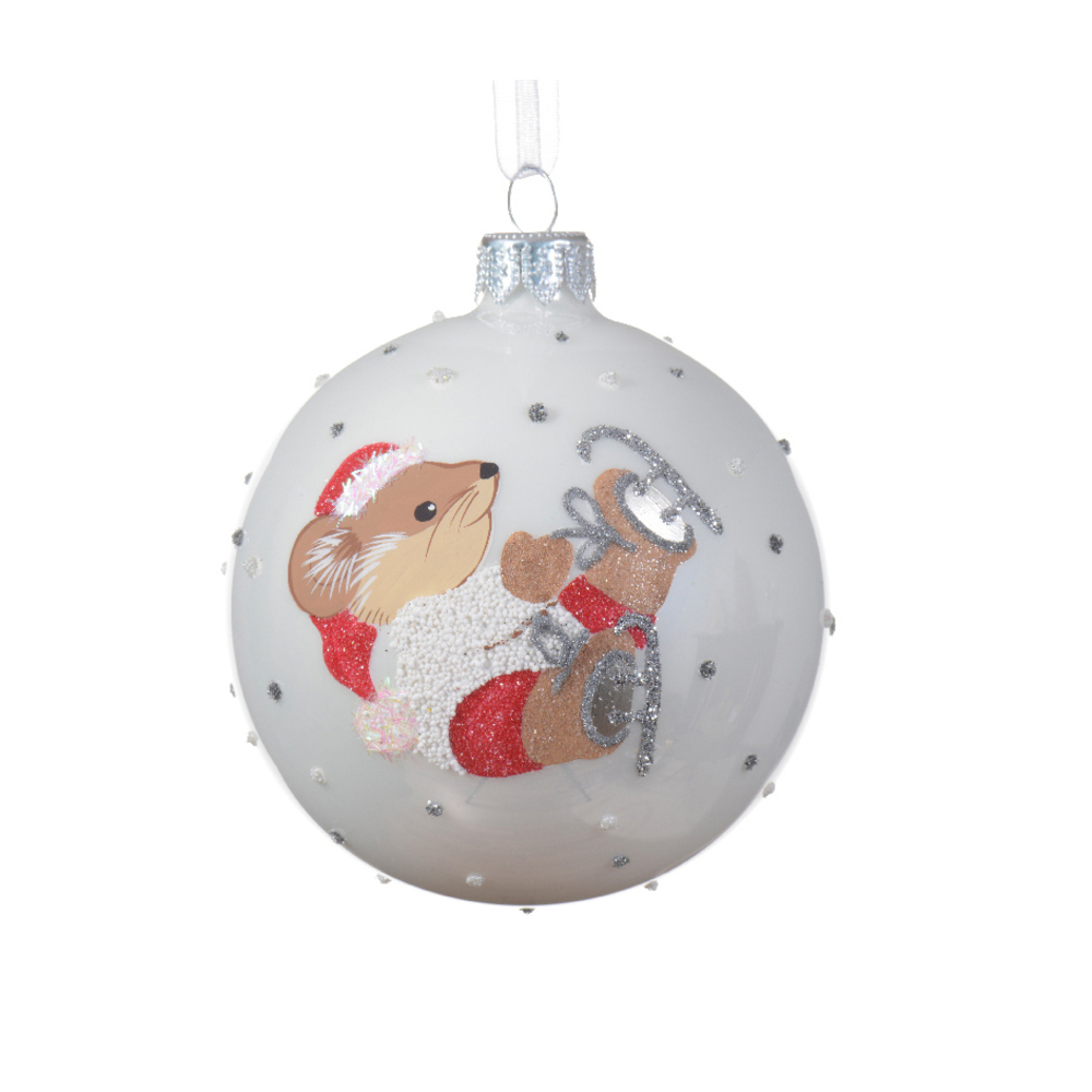 Boule de Noël en verre : souris, coloris blanc - D.8cm