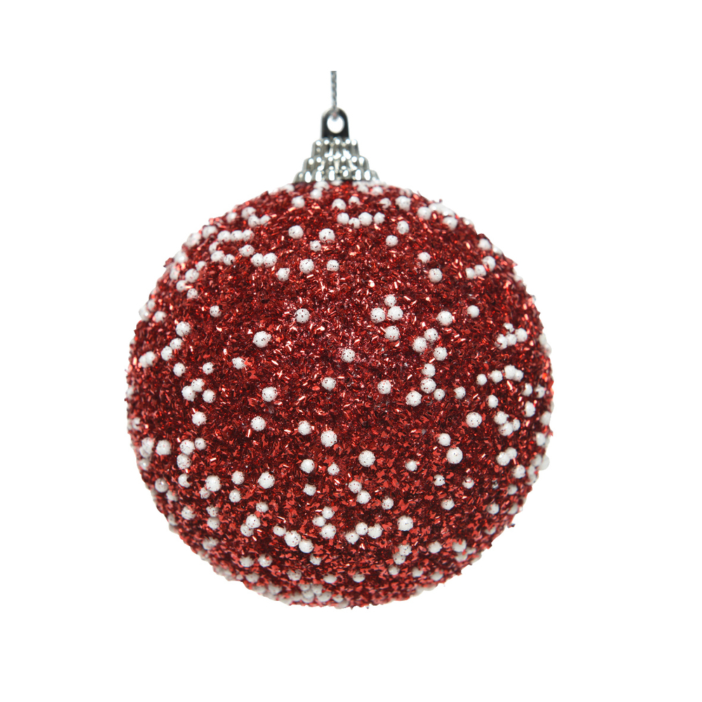 Boule de Noël en mousse : paillettes et pois, rouge/blanc - D.8cm