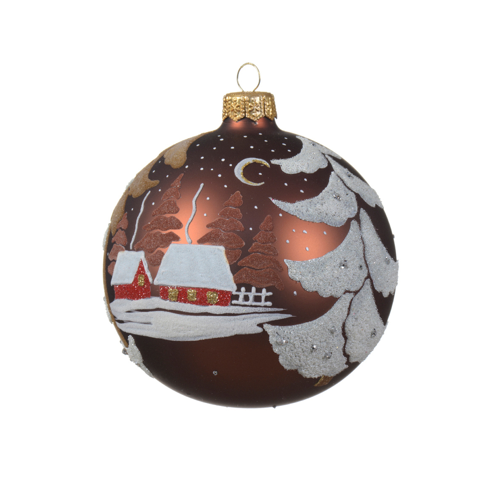 Boule de Noël en verre : village d'hiver, coloris marron - D.10cm