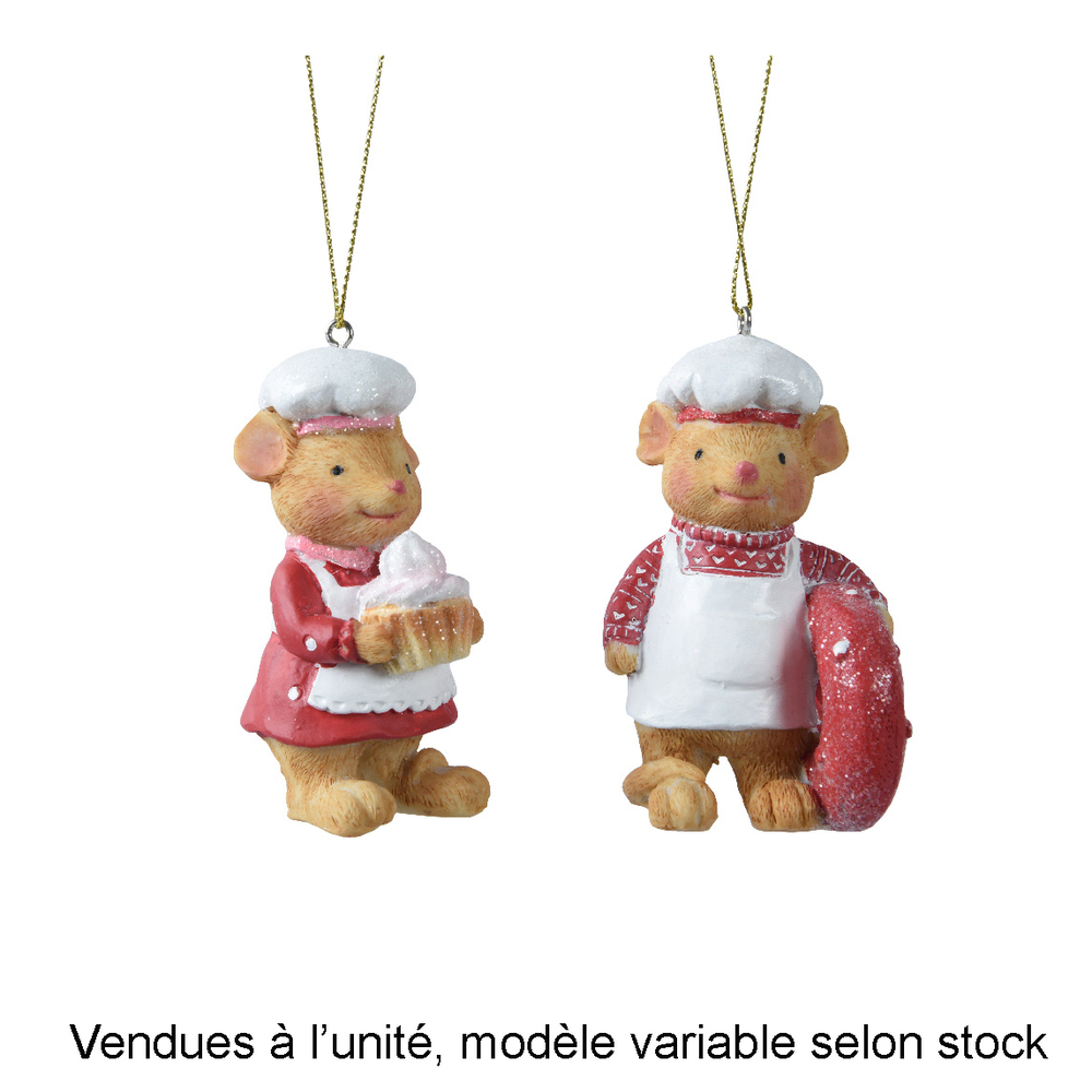 Suspension de Noël en polyrésine : souris cuisinière - H.8,5cm