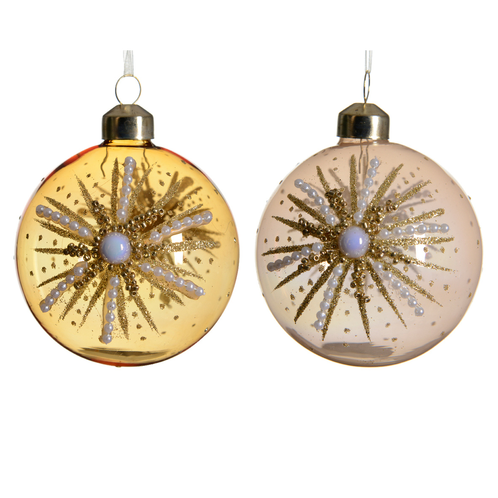 Boule de noël verre avec mouchete paillettes, rocaille, perle D 8 cm