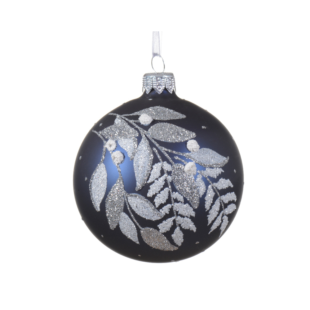 Boule de Noël en verre : branche avec baies, coloris bleu - D.8cm