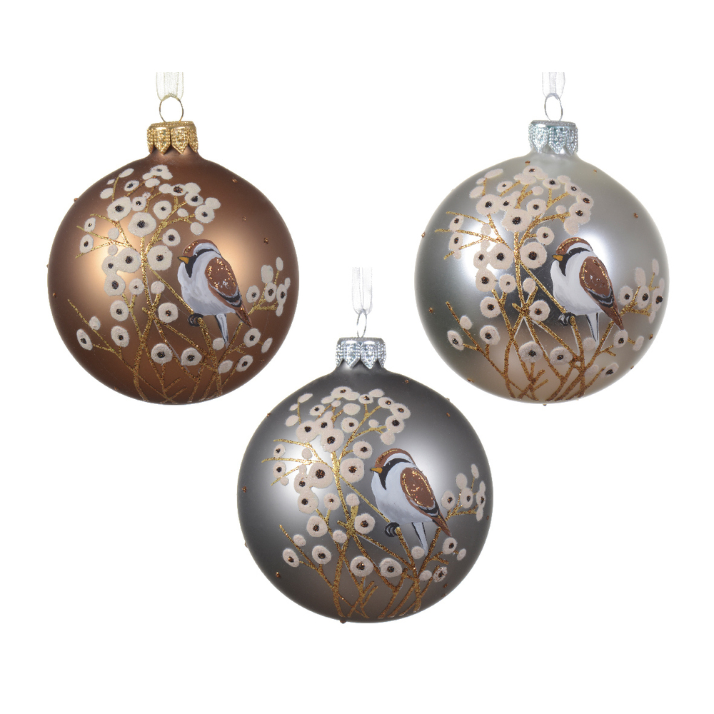 Boule de noël verre fleurs et oiseau D 8 cm