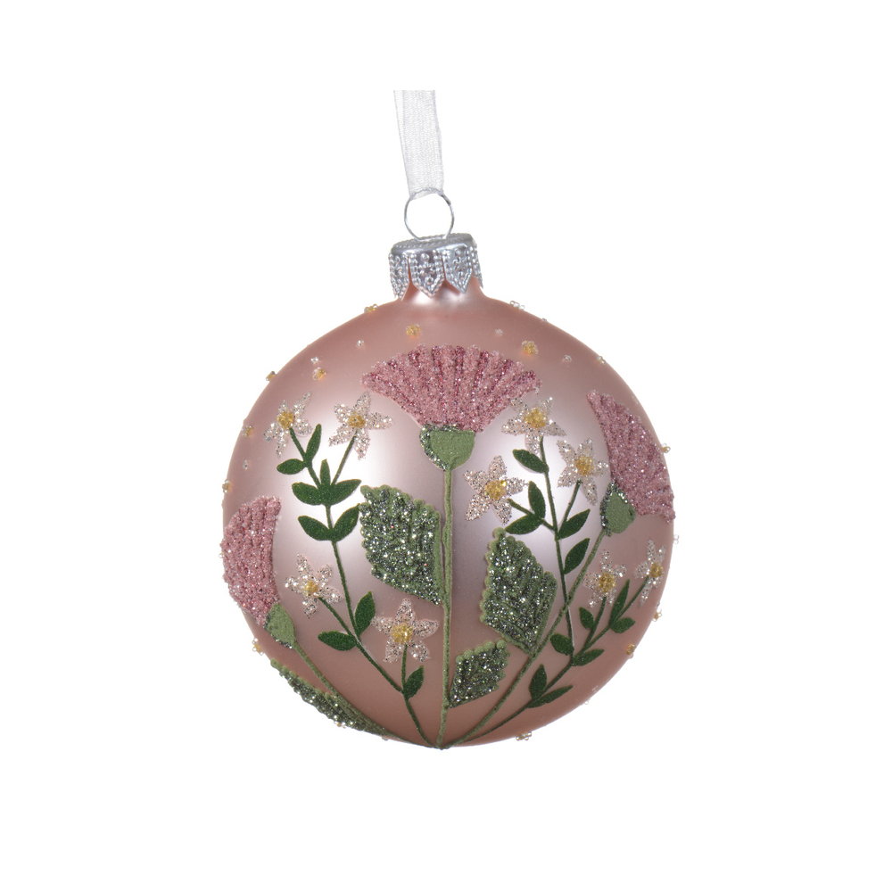 Boule de Noël en verre : fleurs, coloris rose poudré - D.8cm