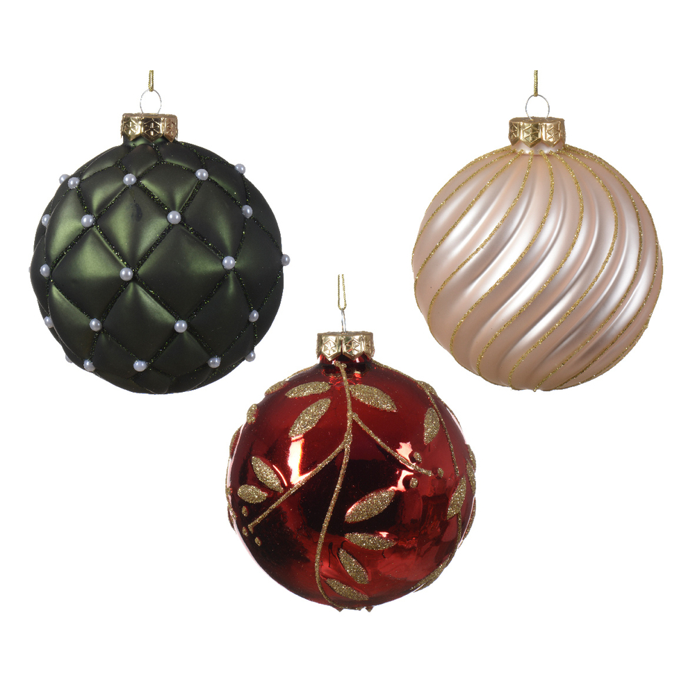 Boule de noël verre ligne-carreaux-feuille D 10 cm