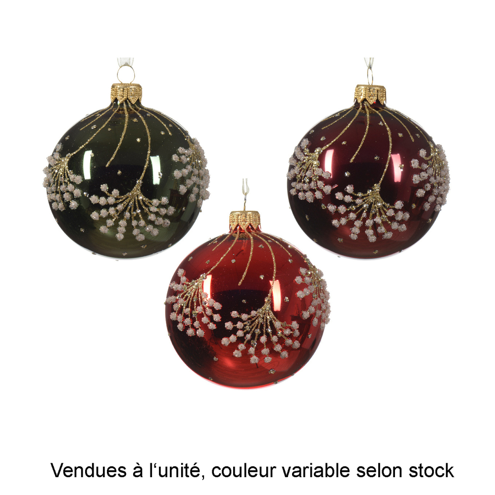 Boule de Noël en verre : branche, plusieurs coloris possibles - D.8cm