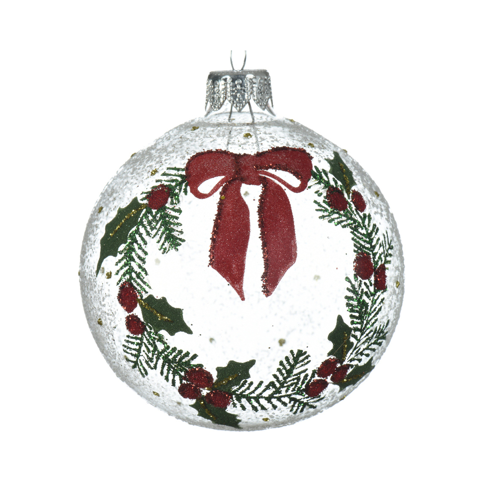 Boule de Noël en verre couronne baies - D.8cm