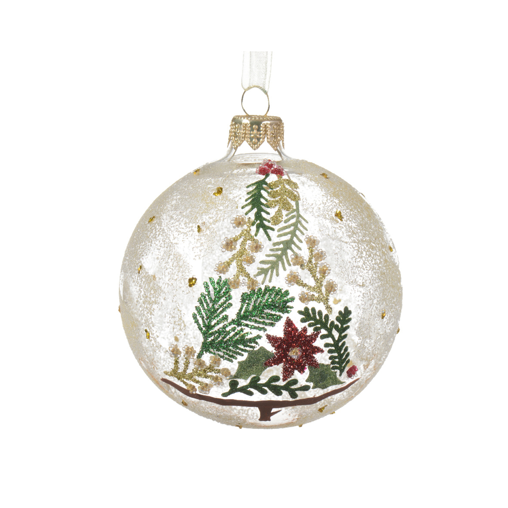 Boule de Noël en verre : branches pailletées - D.8cm