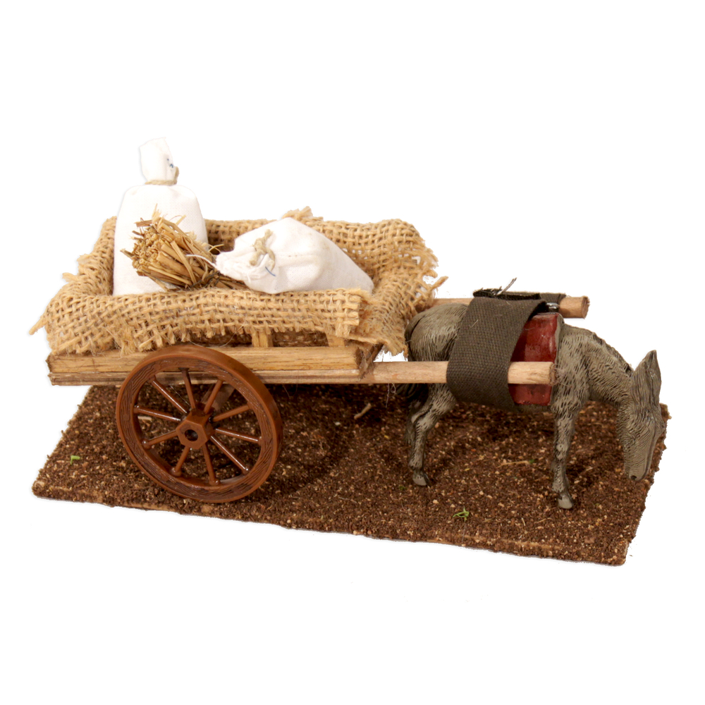 Décor village provençal : charrette de sacs avec âne