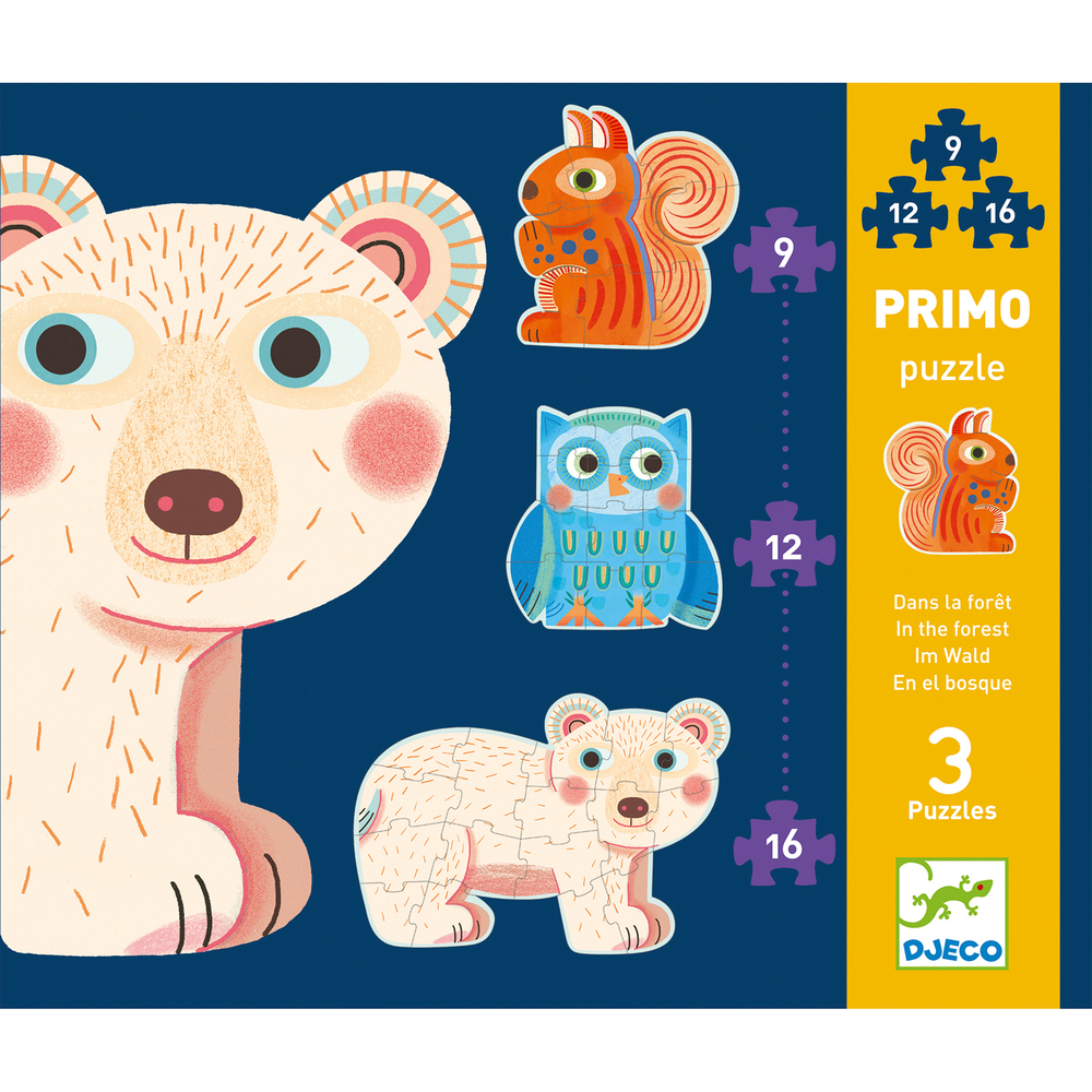 3 puzzles éducatifs : écureuil, hibou et ours - 9, 12 et 16 pièces