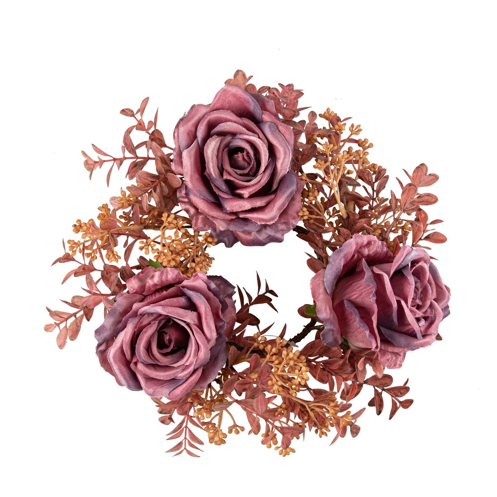 Couronne de 3 roses avec feuillages synthétiques 30 cm