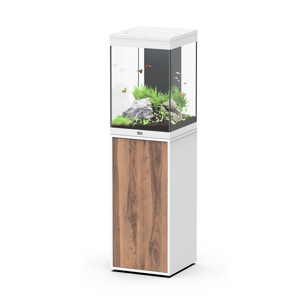 Aquarium équipé Aqua Tower 96 LED, meuble blanc et bois - 96L