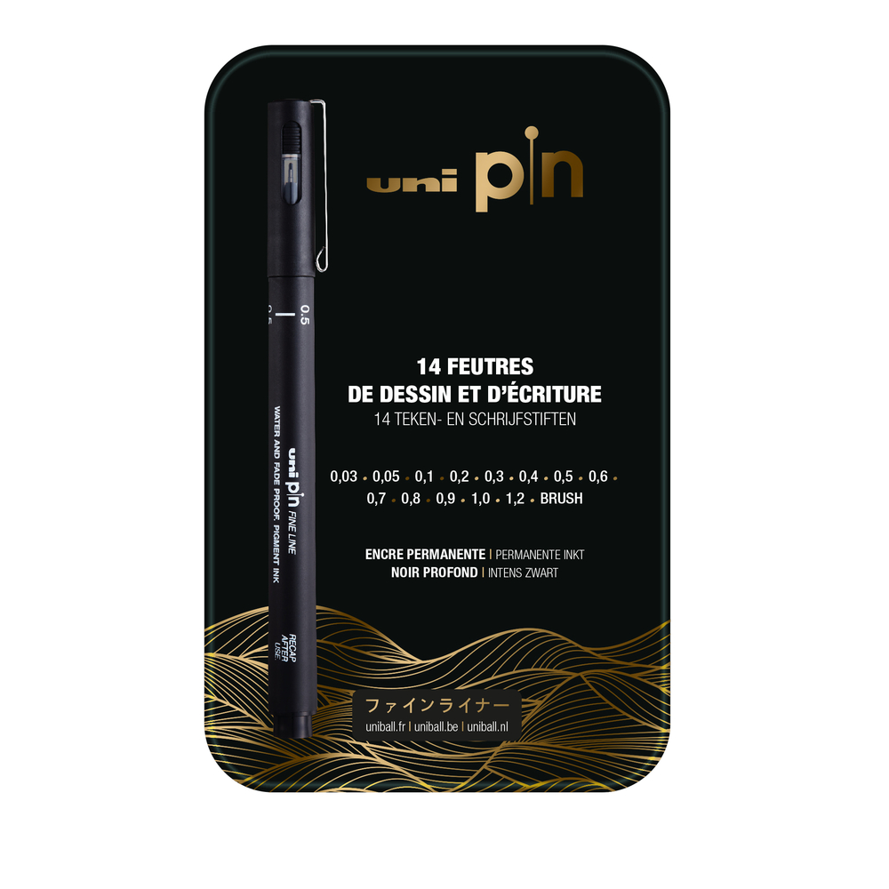 Boite en métal de 14 feutres de dessin et d'écriture multi-calibres