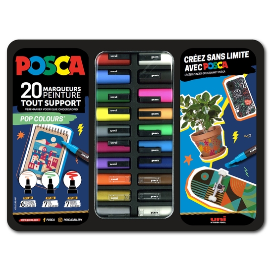 Mallette de 20 marqueurs Posca assortis pour peinture multi-supports