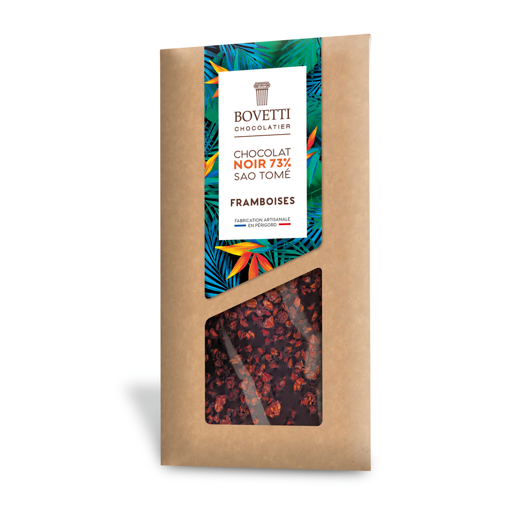 Tablette de chocolat noir 73% 'Sao Tomé' et éclats de framboise - 100g