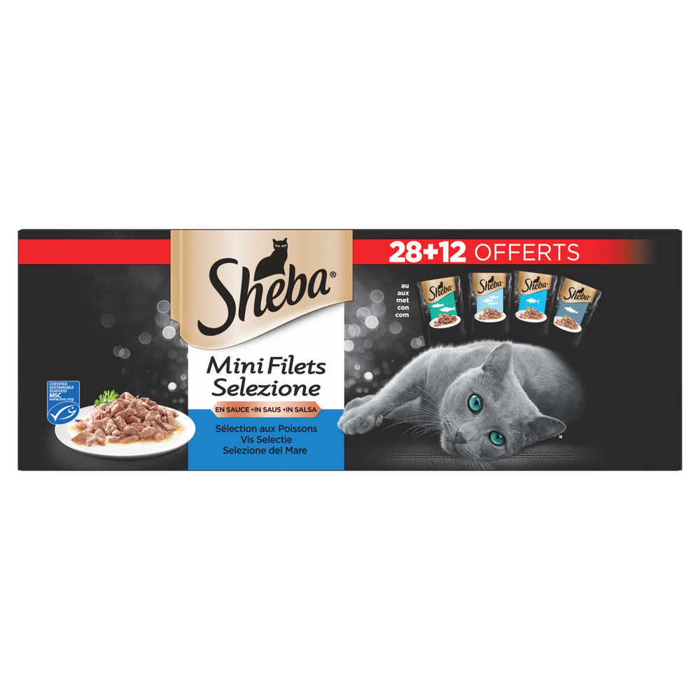 Mini filets en sauce aux poissons pour chat 40x85g (28+12 offerts)