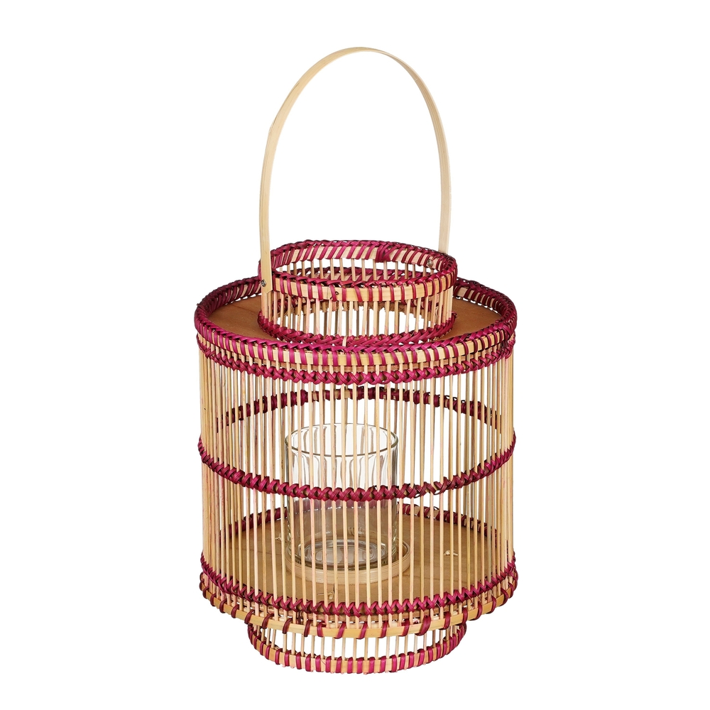 Lanterne pour bougies en bambou avec tissage Déco rose - H.30xD.25cm