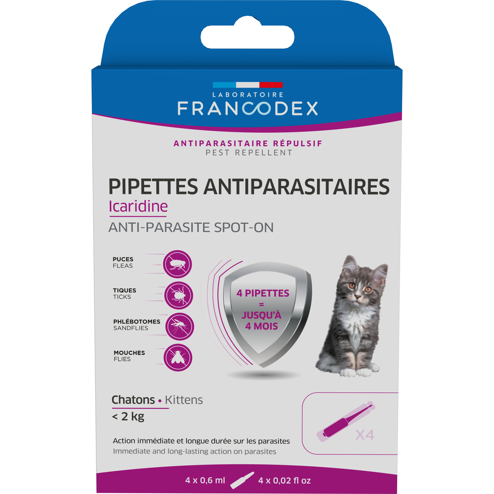 Pipettes Antiparasitaires pour chaton de moins de 2 kg - 0,6ml x4
