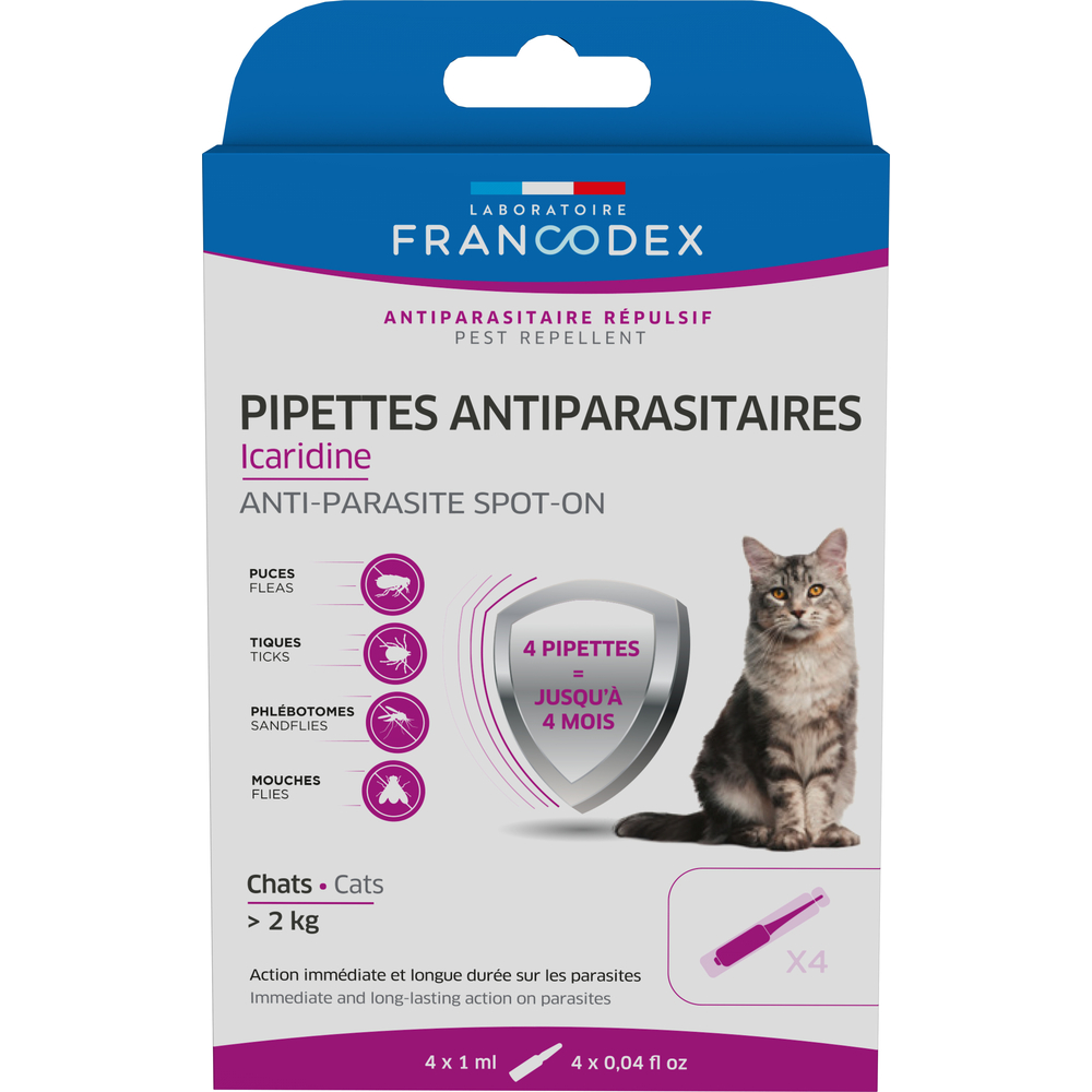 Pipettes Antiparasitaires Icaridine pour chat de plus de 2kg - 1ml x4