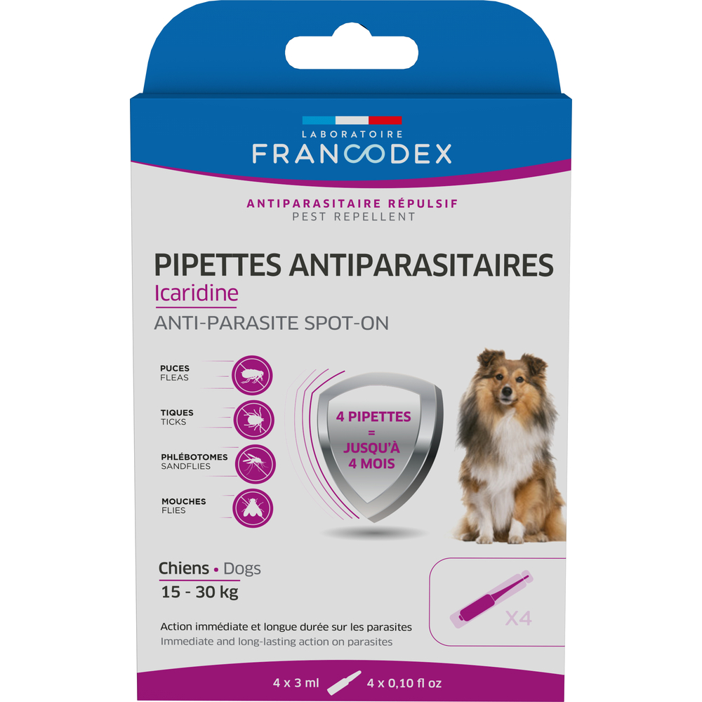 Pipettes antiparasitaires Icaridine pour chien 15-30 kg - 3ml x4