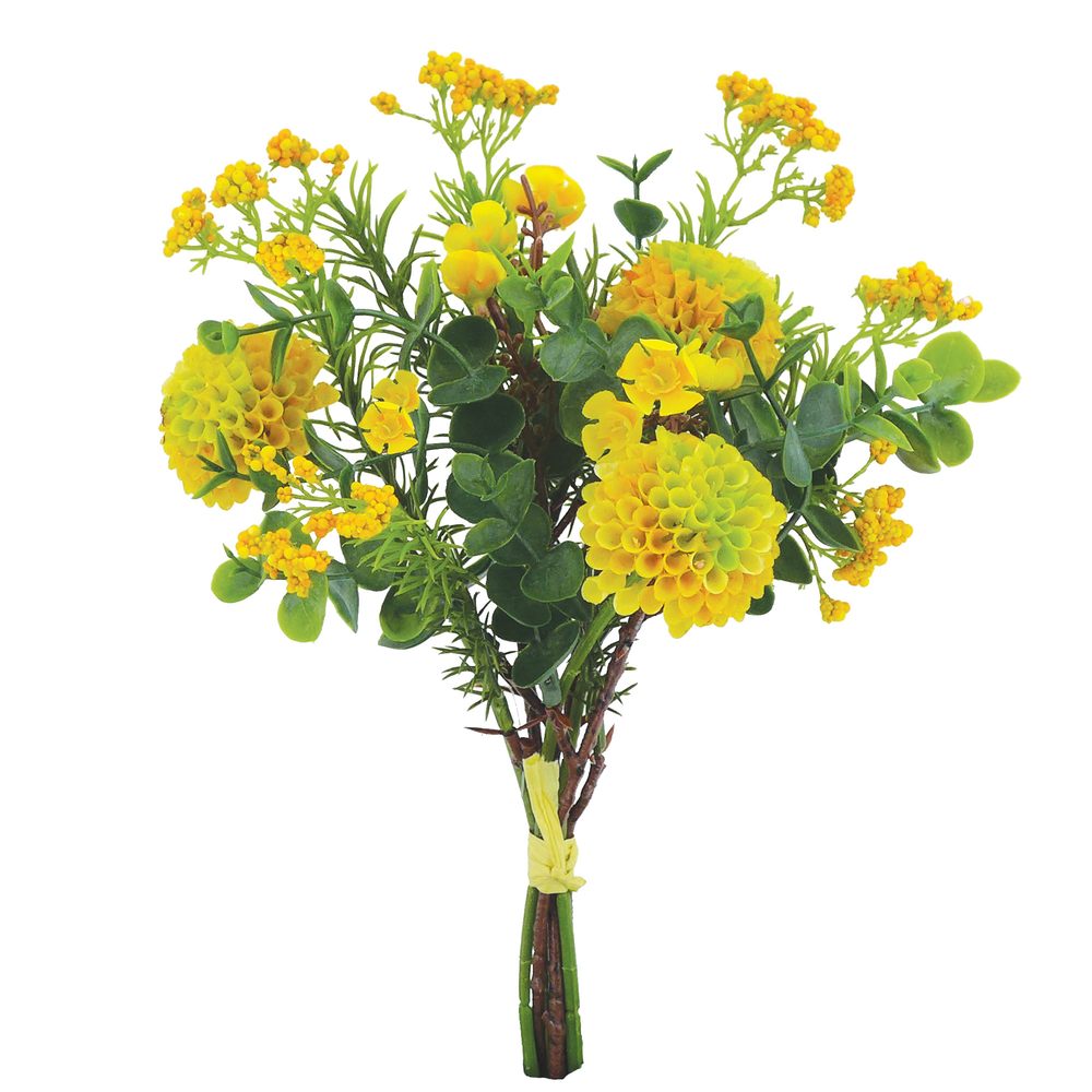 Bouquet artificiel jaune dahlias, graminées, fleurs H32cm