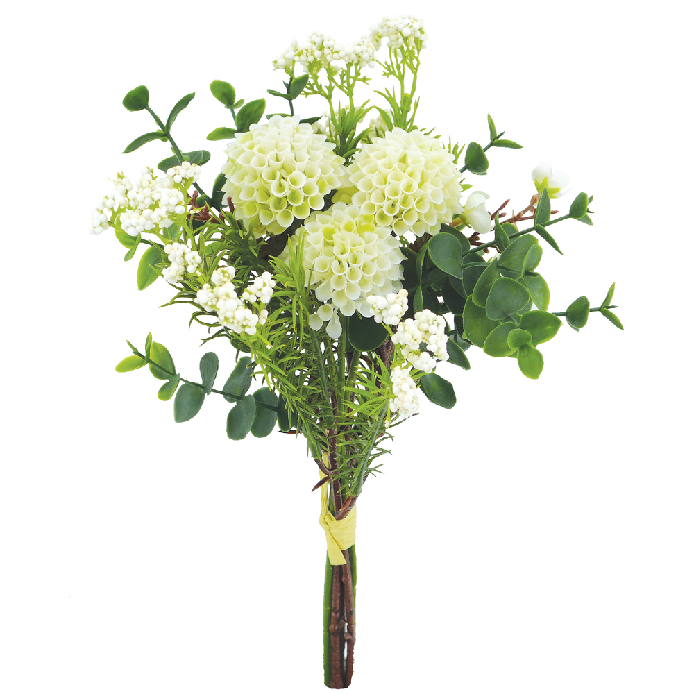 Fleurs artificielles - bouquet blanc dahlias, graminées, fleurs H.32cm