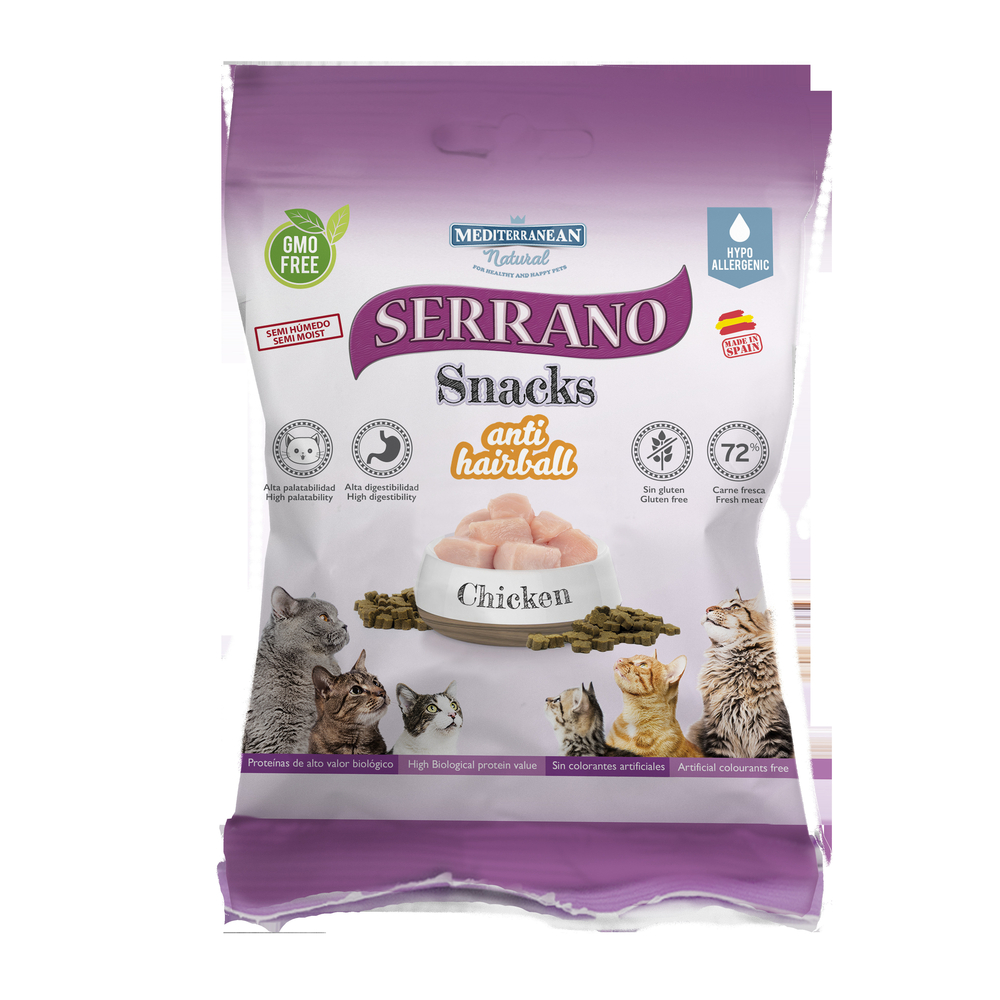 Friandises, Snacks Serrano anti-boules de poils Poulet pour chat 50 gr