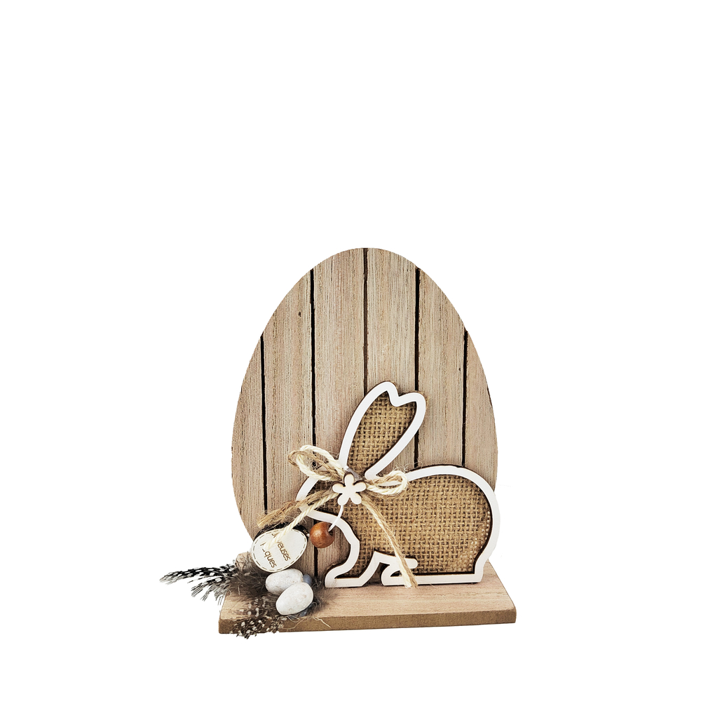 Décoration - Joyeuses Pâques en bois et lapin en jute