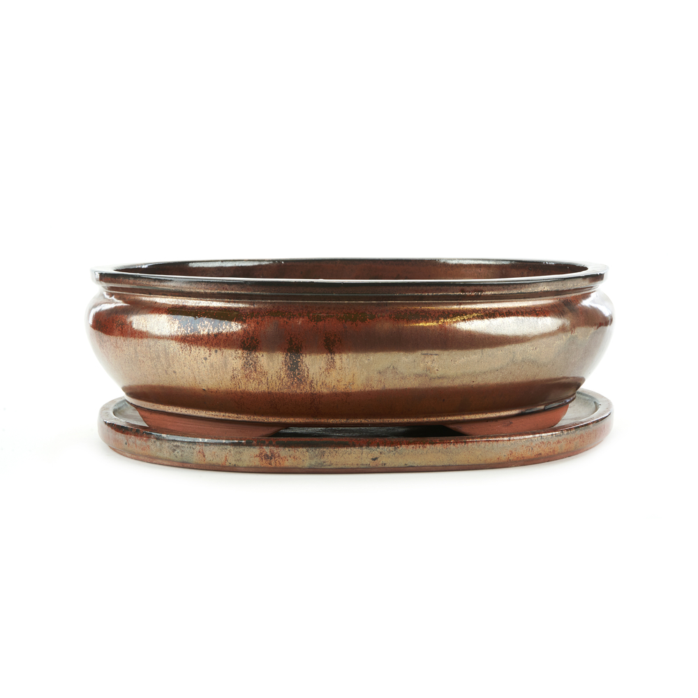 Pot ovale pour bonsaï céramique avec plateau, coloris rouille - 15cm