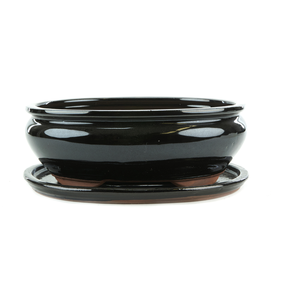 Pot ovale pour bonsaï avec plateau en céramique, coloris noir - 15cm