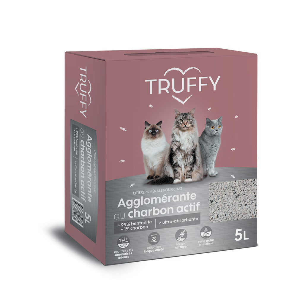 Litière minérale agglomérante au charbon actif pour chat 5L