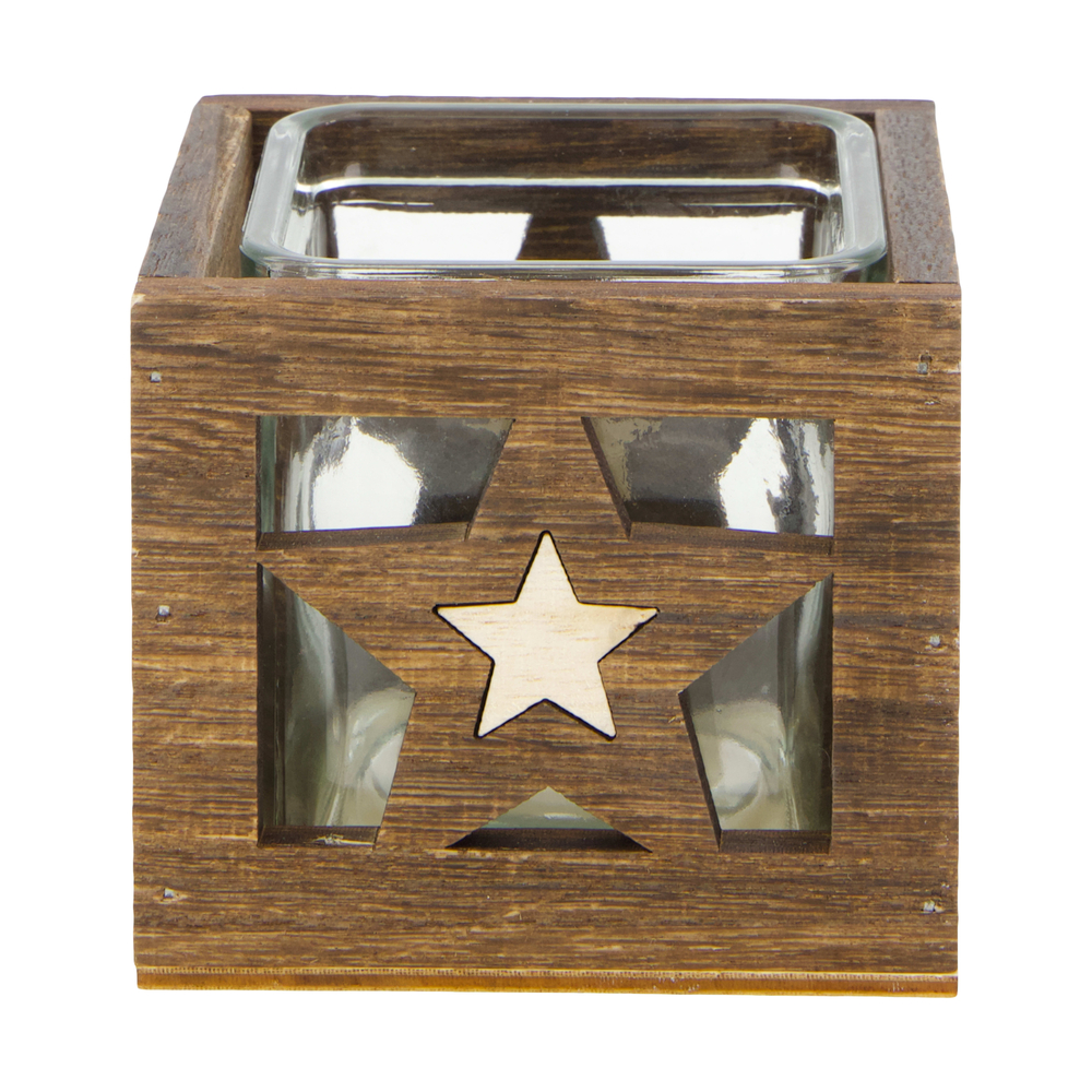 Photophore en bois de paulownia avec verre - 9.5x9.5x8cm