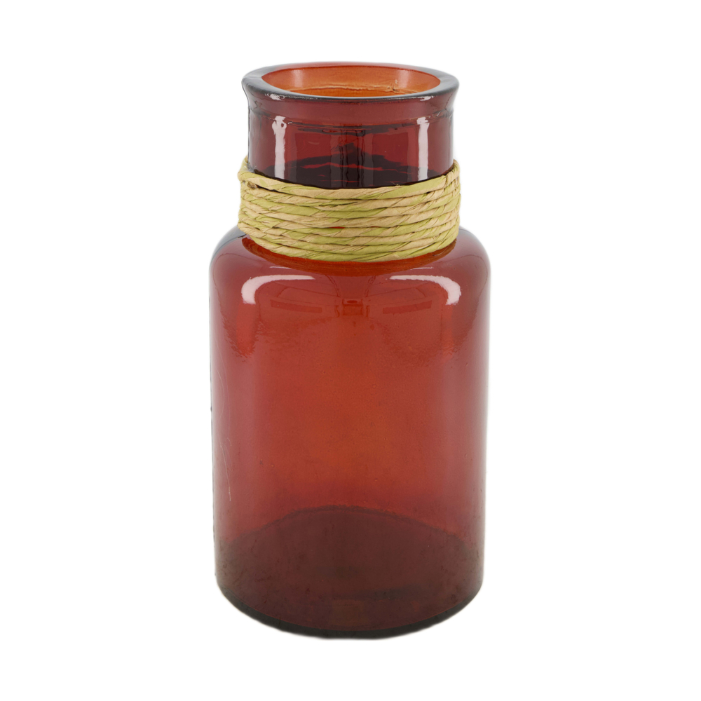 Vase avec raphia verre recyclé marron - D.15xH.28cm