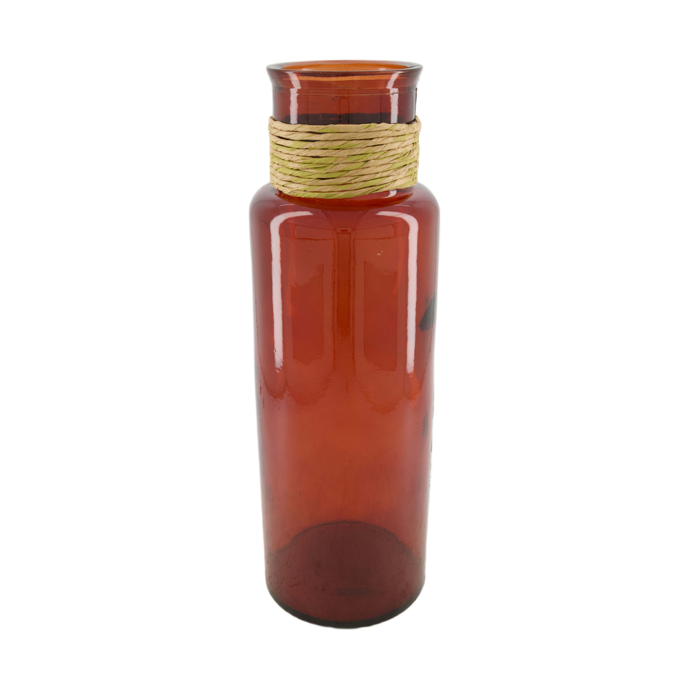 Vase avec raphia verre recyclé marron - D.15xH.45cm