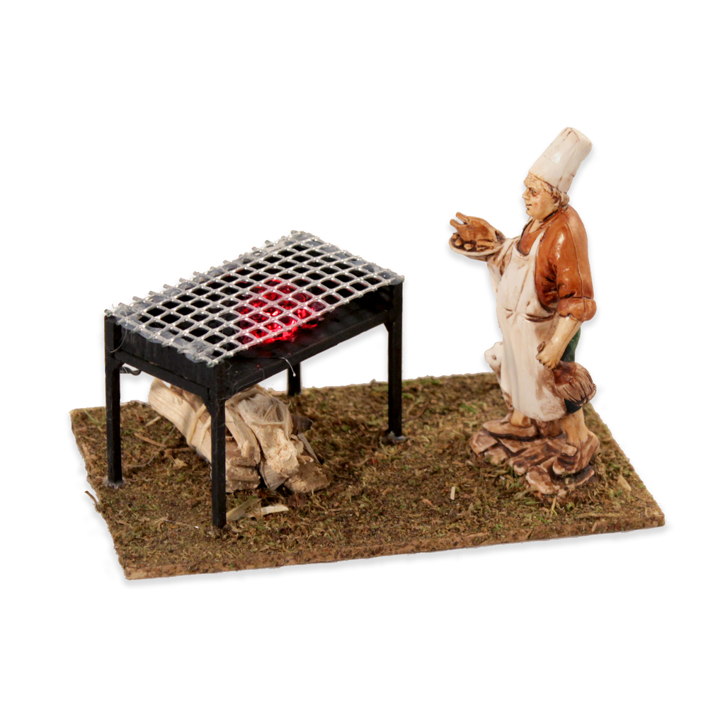 Barbecue LED avec santon pour décoration de crèche 10x15x10cm