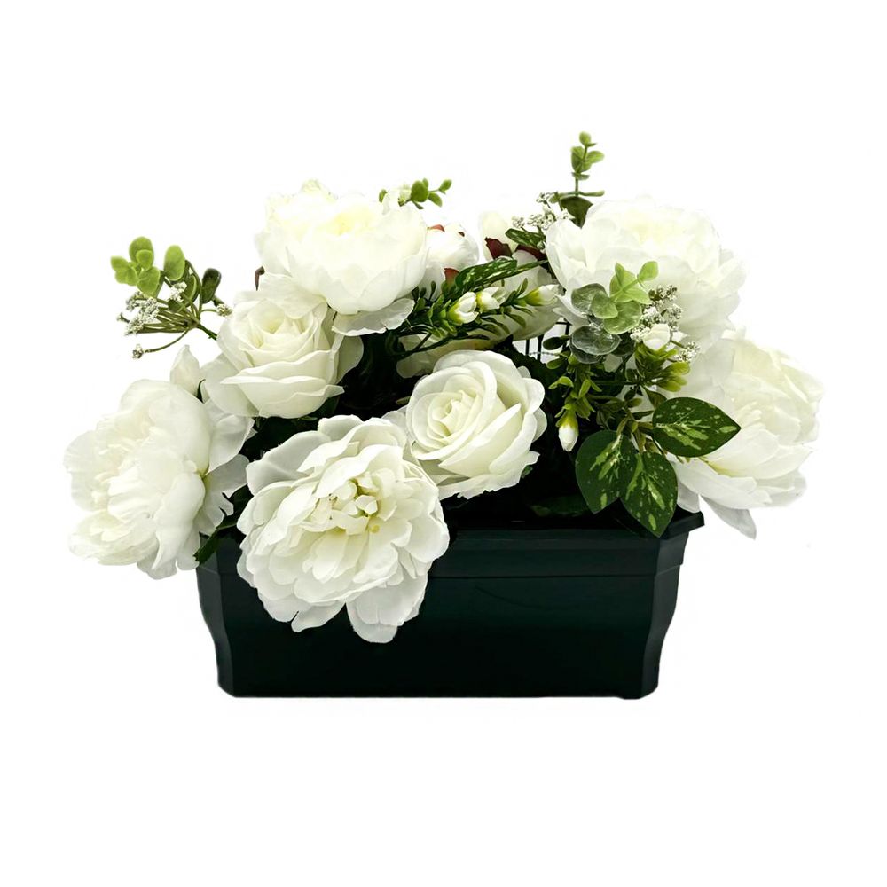 Composition florale artificielle funéraire, crème : jardinière 40x25cm
