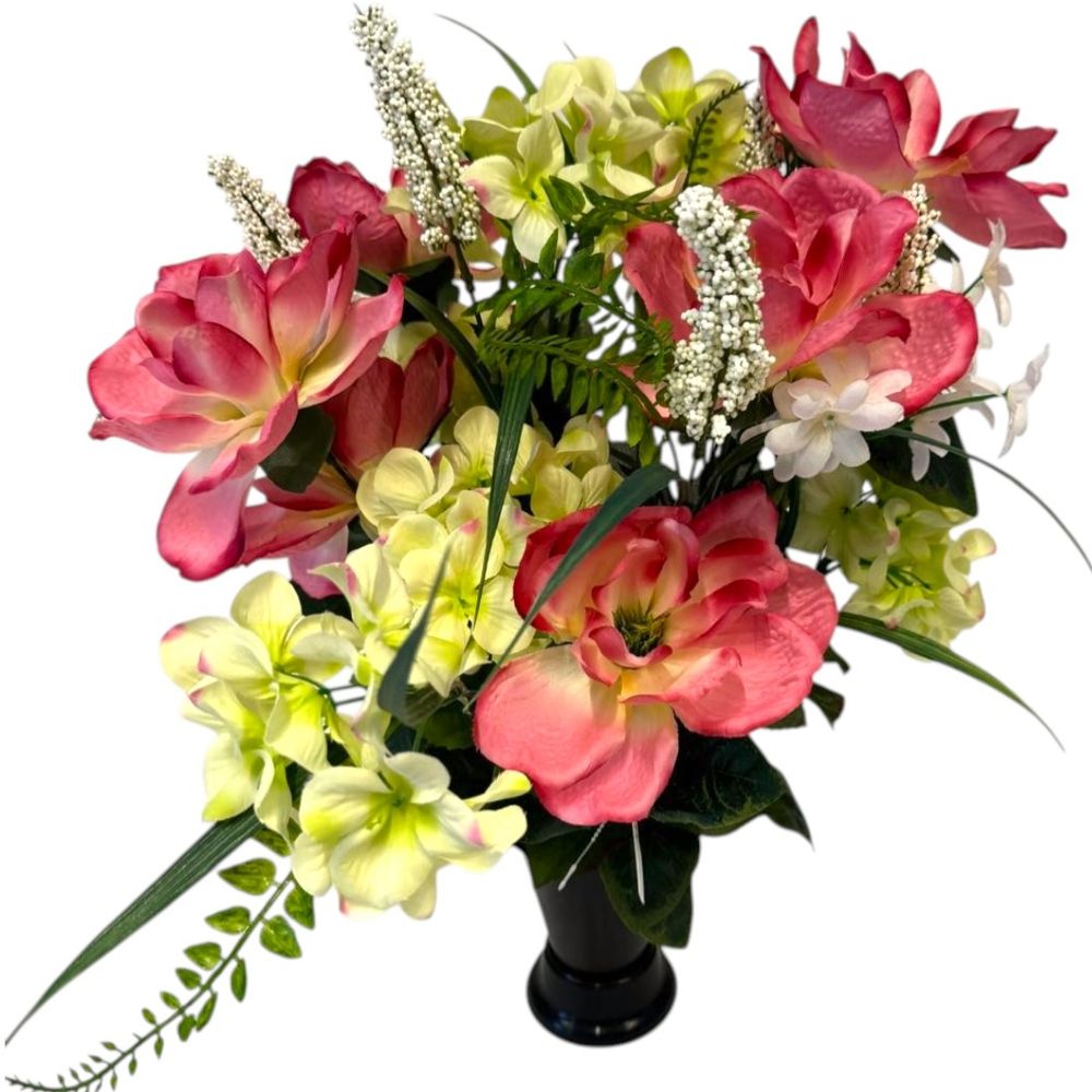 Composition florale artificielle funéraire, fuchsia : vase H.55xD.45cm