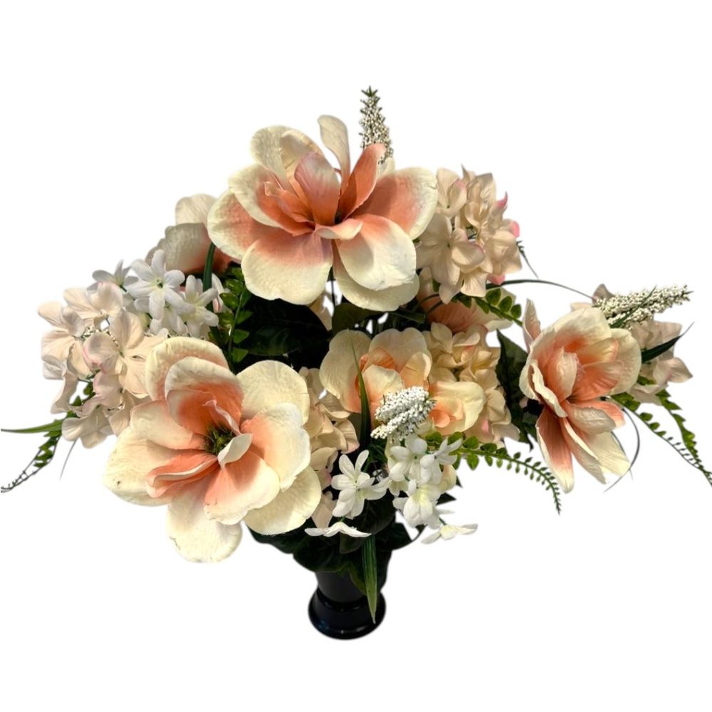 Composition florale artificielle funéraire, orange : vase H.55xD.45cm