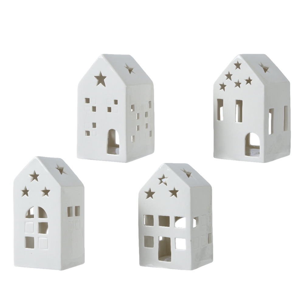 Photophore Maison de Noël, porcelaine coloris Blanc - 8,5x8,5xH.16cm