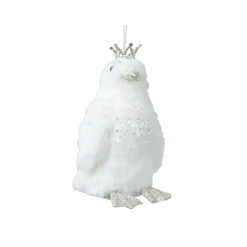Suspension de Noël : pingouin polyester avec couronne, blanc - H.17cm