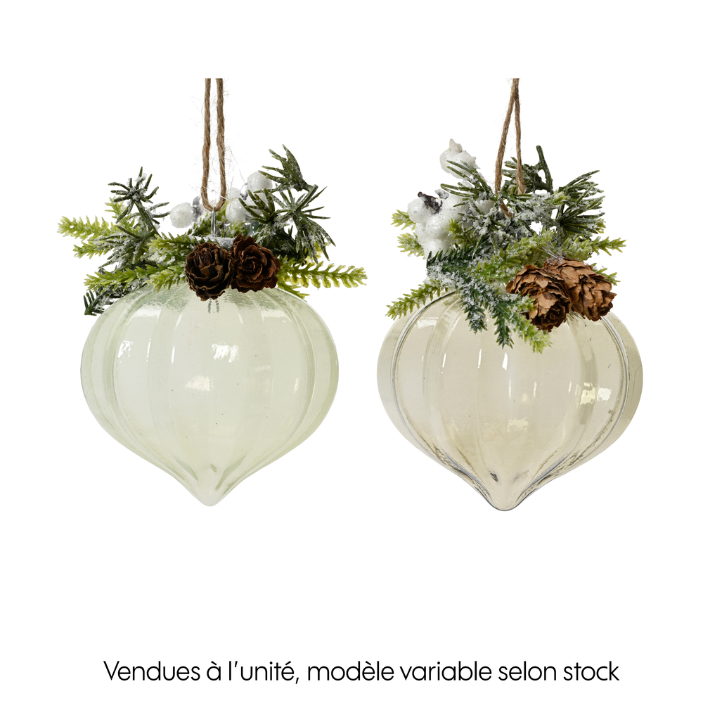 Suspension de Noël : pomme de pin et branches enneigées - D.8cm