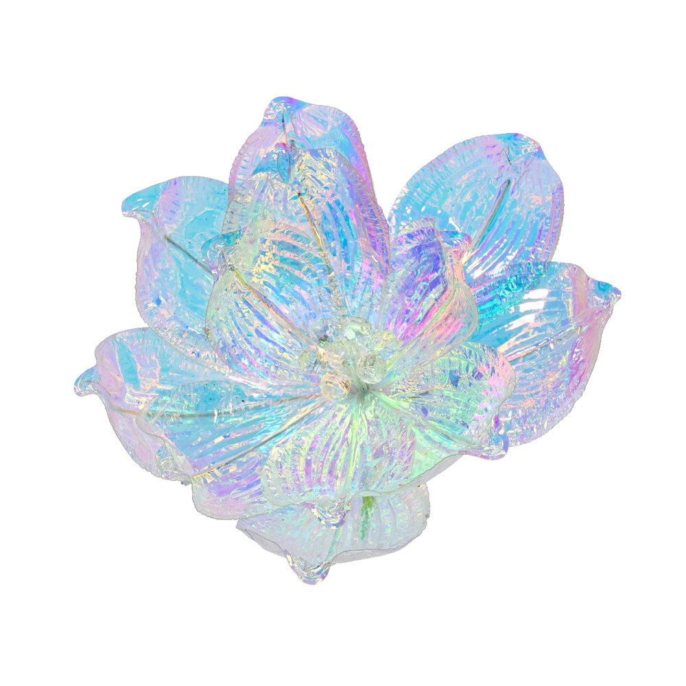 Suspension de Noël : magnolia polyester, coloris bleu/irisé H.14cm